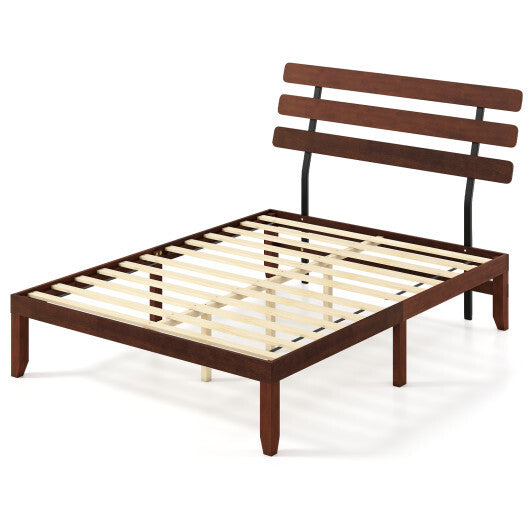 Queen Size Bed Frame 15.5 Inch Solid Wood Platform Bed with Retro Headboard - Color: Walnut - Size: Queen Size