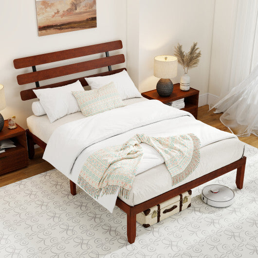 Queen Size Bed Frame 15.5 Inch Solid Wood Platform Bed with Retro Headboard - Color: Walnut - Size: Queen Size