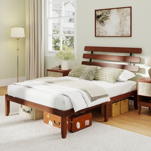 Queen Size Bed Frame 15.5 Inch Solid Wood Platform Bed with Retro Headboard - Color: Walnut - Size: Queen Size