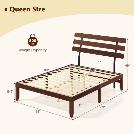 Queen Size Bed Frame 15.5 Inch Solid Wood Platform Bed with Retro Headboard - Color: Walnut - Size: Queen Size