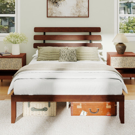 Queen Size Bed Frame 15.5 Inch Solid Wood Platform Bed with Retro Headboard - Color: Walnut - Size: Queen Size
