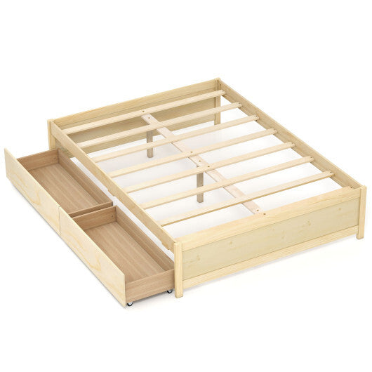 Full Size Wooden Bed Frame with 2 Rolling Storage Drawers-Natural - Color: Natural - Size: Full Size