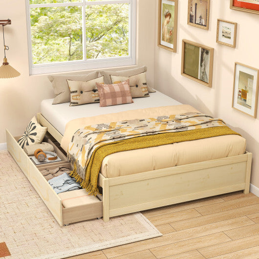 Full Size Wooden Bed Frame with 2 Rolling Storage Drawers-Natural - Color: Natural - Size: Full Size
