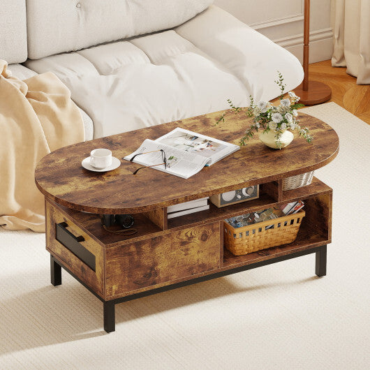 47 Inch Oval Coffee Table with Storage and Open Compartments for Living Room-Rustic Brown