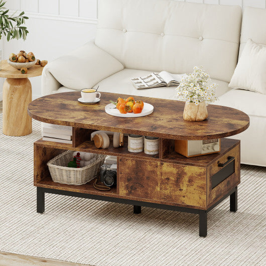 47 Inch Oval Coffee Table with Storage and Open Compartments for Living Room-Rustic Brown