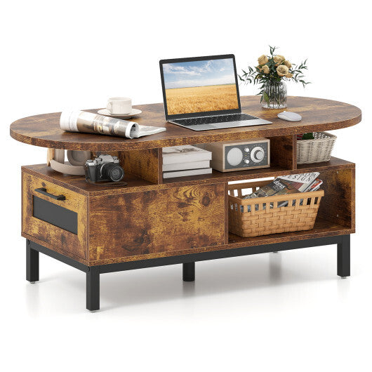 47 Inch Oval Coffee Table with Storage and Open Compartments for Living Room-Rustic Brown