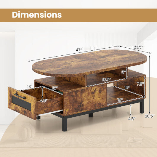 47 Inch Oval Coffee Table with Storage and Open Compartments for Living Room-Rustic Brown