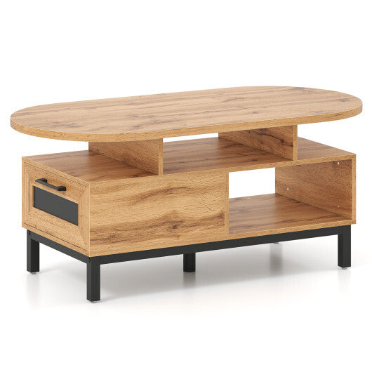 47 Inch Oval Coffee Table with Storage and Open Compartments for Living Room-Rustic Brown