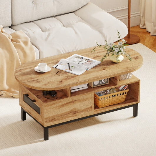 47 Inch Oval Coffee Table with Storage and Open Compartments for Living Room-Rustic Brown