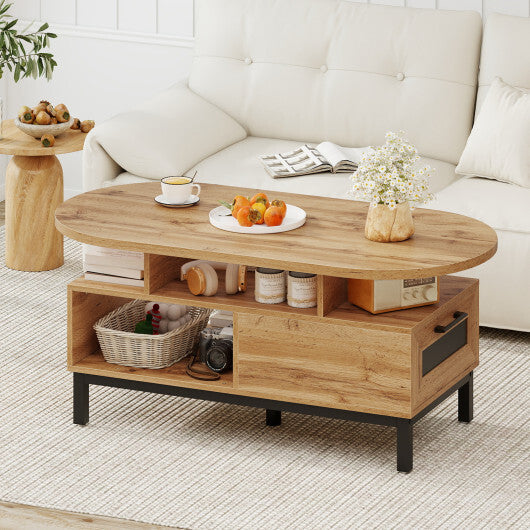 47 Inch Oval Coffee Table with Storage and Open Compartments for Living Room-Rustic Brown