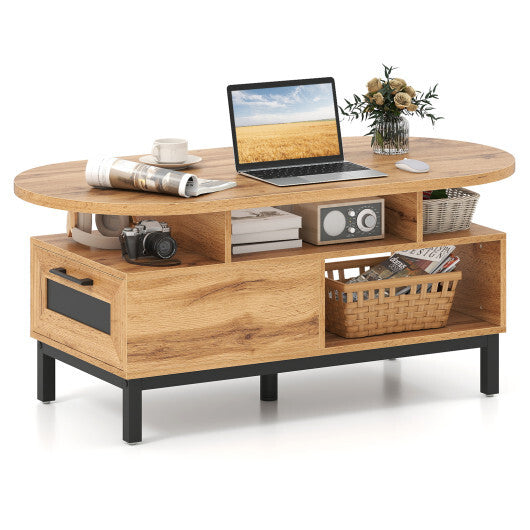 47 Inch Oval Coffee Table with Storage and Open Compartments for Living Room-Rustic Brown