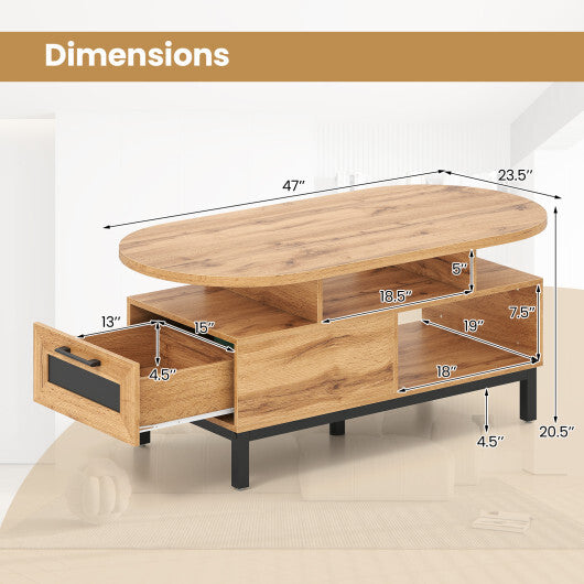 47 Inch Oval Coffee Table with Storage and Open Compartments for Living Room-Rustic Brown