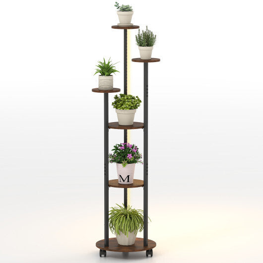 6-tier Plant Stand with RGB Light and Wheels 57inch Tall Indoor Display Shelf Flowerpot Holder-Natural