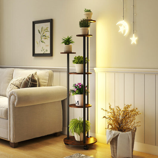 6-tier Plant Stand with RGB Light and Wheels 57inch Tall Indoor Display Shelf Flowerpot Holder-Natural