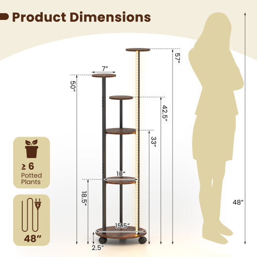 6-tier Plant Stand with RGB Light and Wheels 57inch Tall Indoor Display Shelf Flowerpot Holder-Natural