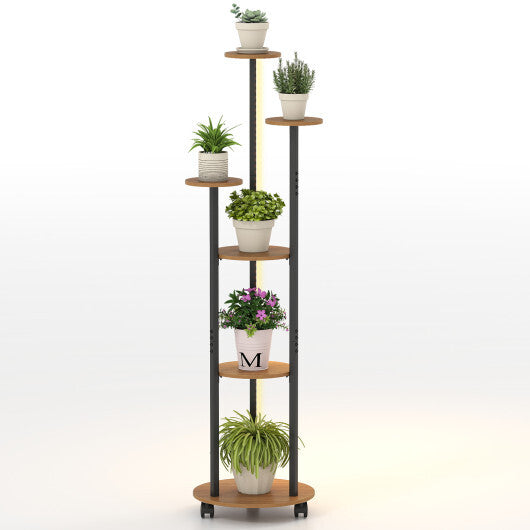6-tier Plant Stand with RGB Light and Wheels 57inch Tall Indoor Display Shelf Flowerpot Holder-Natural