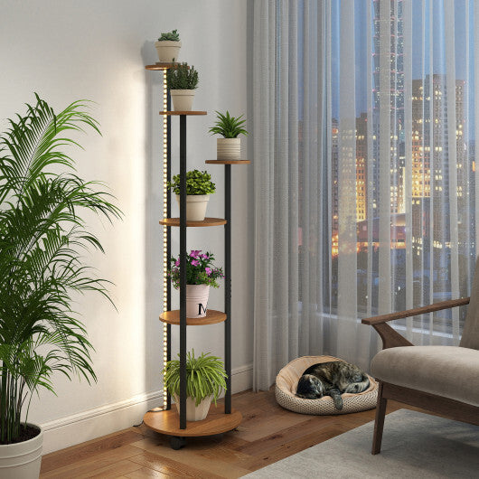 6-tier Plant Stand with RGB Light and Wheels 57inch Tall Indoor Display Shelf Flowerpot Holder-Natural