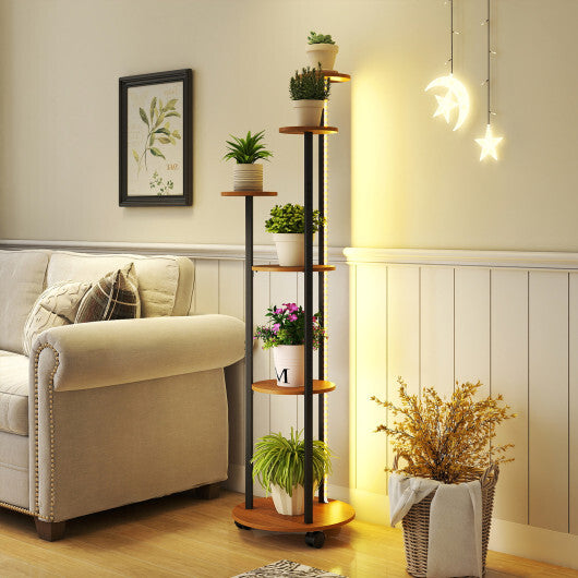 6-tier Plant Stand with RGB Light and Wheels 57inch Tall Indoor Display Shelf Flowerpot Holder-Natural