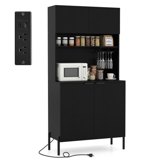 64.5 Inches Tall Kitchen Pantry Cabinet with Charging Station and Wine Glass Rack-Black - Color: Black