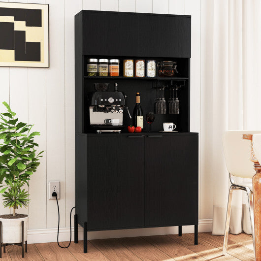 64.5 Inches Tall Kitchen Pantry Cabinet with Charging Station and Wine Glass Rack-Black - Color: Black
