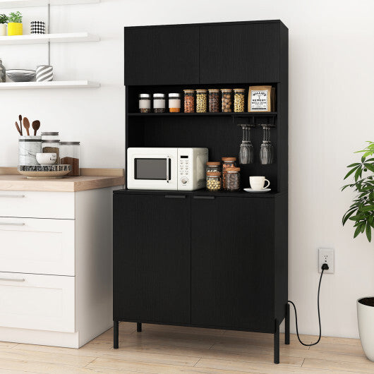 64.5 Inches Tall Kitchen Pantry Cabinet with Charging Station and Wine Glass Rack-Black - Color: Black