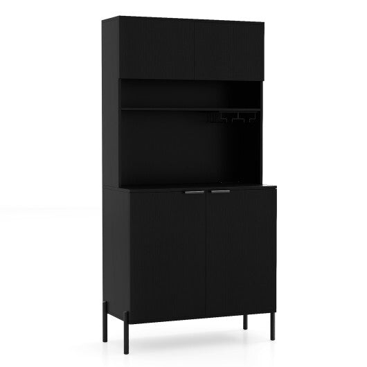 64.5 Inches Tall Kitchen Pantry Cabinet with Charging Station and Wine Glass Rack-Black - Color: Black