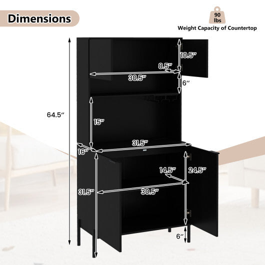64.5 Inches Tall Kitchen Pantry Cabinet with Charging Station and Wine Glass Rack-Black - Color: Black