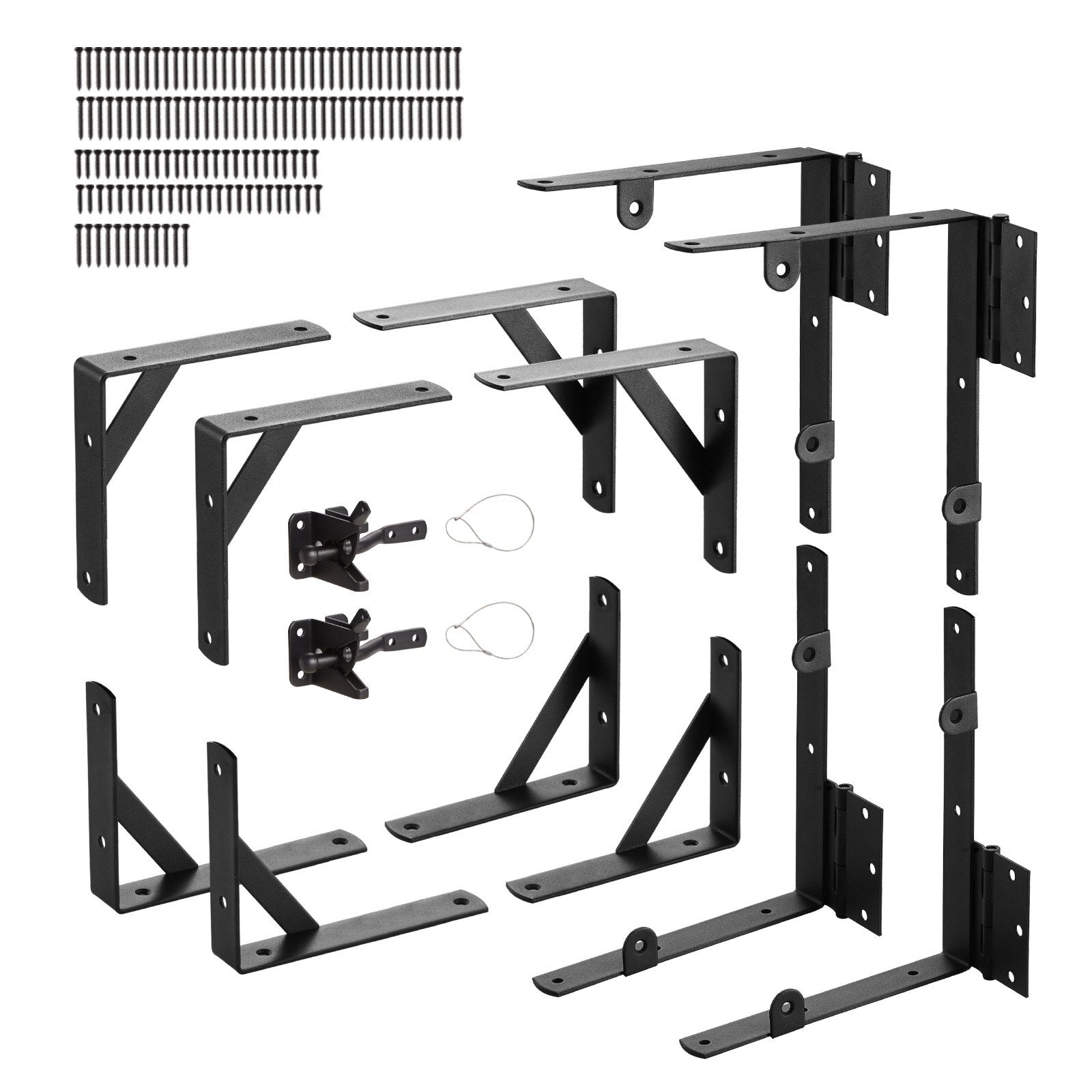 Gate Corner Brace Bracket, 2 Sets, Anti Sag Gate Frame Hardware Kit, Gate Frame Brace Bracket with Latch Lock, Screws, for Shed Doors, Corral Gates, Driveway Gates, Wood Windows, Iron, Black