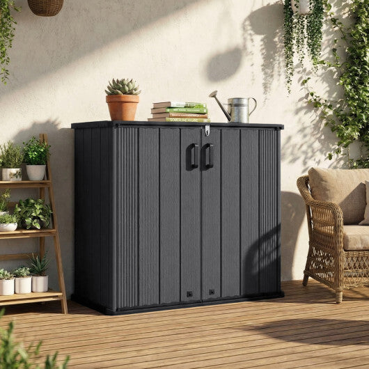 All-Weather Storage Box with Floor and Removable Shelf for Patio and Lawn-Black - Color: Black