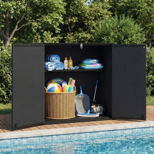 All-Weather Storage Box with Floor and Removable Shelf for Patio and Lawn-Black - Color: Black
