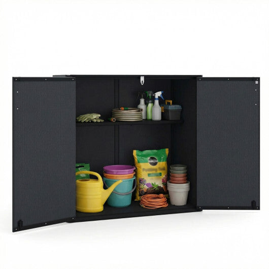 All-Weather Storage Box with Floor and Removable Shelf for Patio and Lawn-Black - Color: Black