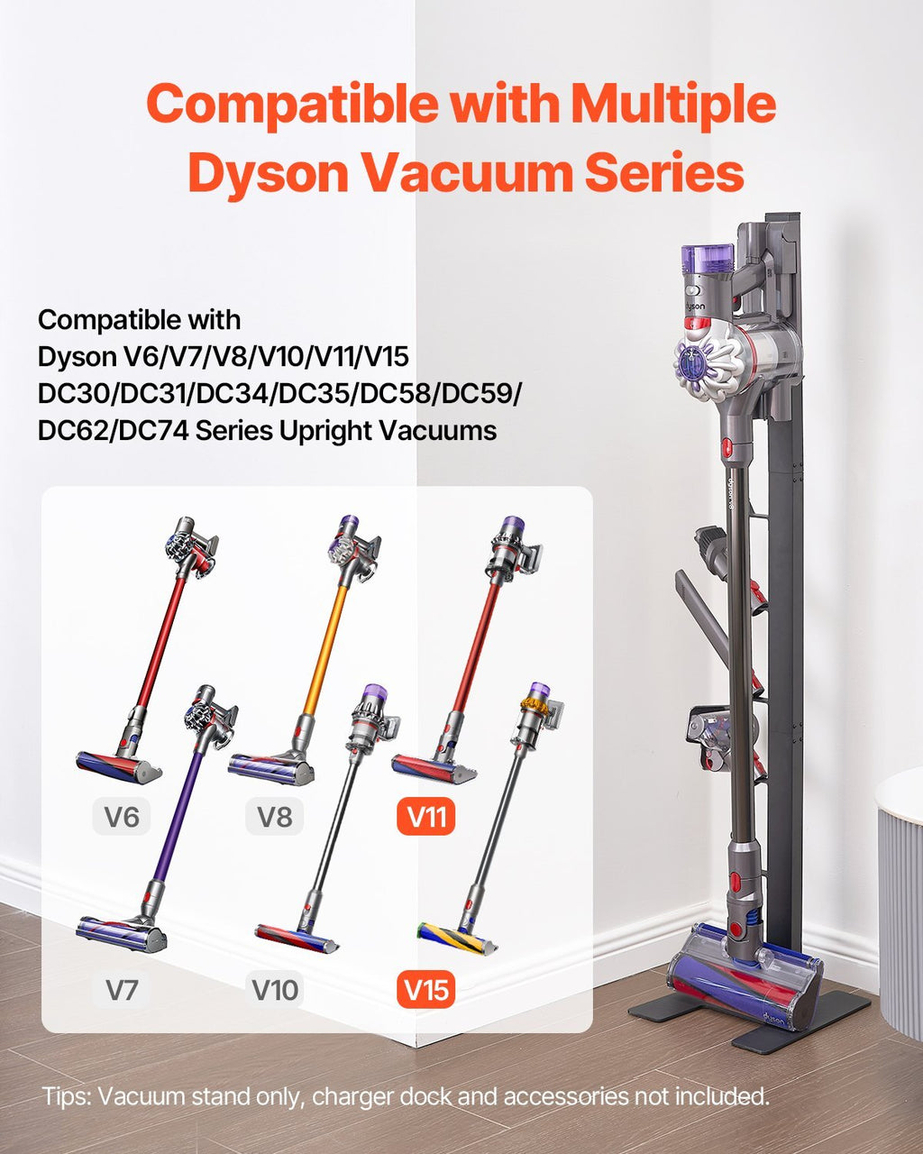 Vacuum Stand, Compatible With Dyson V6 V7 V8 V10 V11 V15, Stable Vacuum Stand Holder with 6 Hooks for Dyson DC30 DC31 DC34 DC35 DC58 DC59 DC62 D74 Cordless Upright Vacuum Cleaners & Accessories
